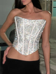 Hnewly Clubwear Sparkle Glitter Corset Top Sexy Slim Solid Slash Neck Sleeveless Tank Tops Women Summer Fashiin Ladies