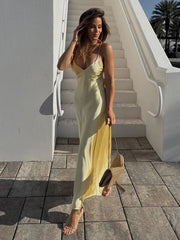 Hnewly Women Summer Yellow Stain V Neck Sling Dress Elegant Sleeveless Loose Maxi Robes 2025 New Ladies Party Holiday Dresses