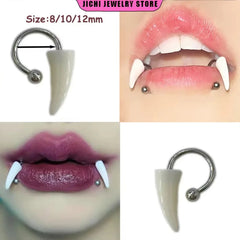 Hnewly 1Pc Stainless Steel Fangs Lip Piercing Labret Lip Ring Goth Cosplay Vampire Teeth For Women Men Body Jewelry Punk