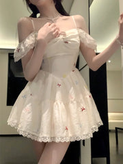 Hnewly Japanese Y2k Kawaii Mini Dress Women Casual Lace Patchwork Bow Print Sleeveless Strap Dress Summer Evening Party Fashion Chic