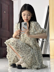 Hnewly Mini Dresses Women Floral Printed Short Sleeve V Neck Puff Short Sleeve Bandage Ruffles Sweet Dress Female Elegant Casual