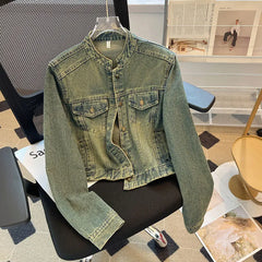 Hnewly Fashion Denim Jacket Loose Casual Retro Jeans Short Coat Women's Spring Autumn Elegant Korean Standing Collar Long Sleeve Top