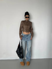 Hnewly Stand Collar Jacket Leather Short Coat Women Autumn New Straight Tube Slim Short Motorcycle Jacket Korean Sweet