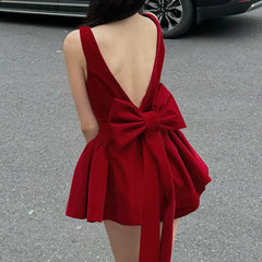 Hnewly Fashion Red Bowknot Mini Dress Straps Square Collar Sleeveless Backless Vintage Cute Ladies Slim Party Short A-line Dresses