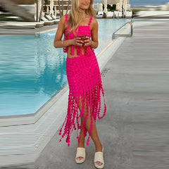 Hnewly Tassel Hollow Out Slim Club Party Suit New Summer Off Shoulder Long Skirt Beach Outfit Fashion Holiday Solid Color Two Piece Set