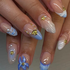 Hnewly 10Pcs Handmade Manicure Medium French Almond Fake Nails Shell Limited Nails Press On Nails Design with Adhesive Nail File Set