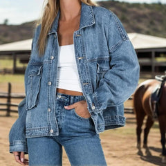 Hnewly Denim Jacket Women y2k Clothes Solid Color Turn-down Collar Single Breasted Long Sleeve Jeans Coat 2000s Streetwear