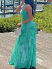 Hnewly Hit Color Printing Tunic Chic A Line Dresses for Women Round Neck Sleeveless High Waist Temperament Dress Female Summer New
