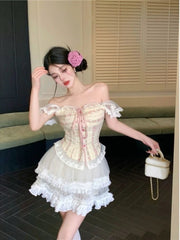 Hnewly Sweet Kawaii 2 Piece Skirt Sets Women Casual Y2k Corset Tops + Lace Mini Skirts Japanese Lolita Suits Female Elegant Clothing