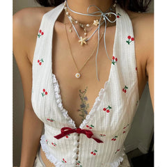 Hnewly Sleeveless Printed Halterneck V-neck Crop Top Backless Cherry Print Bow Slim Fit Crop Top