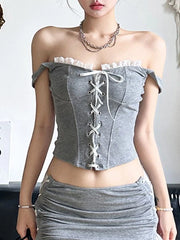 Hnewly 2 Piece Set Fashion Chic American Sexy Suits Women Casual Lace Splicing Tie Straps Vest + Simplicity Slim Drawstring Short Skirt