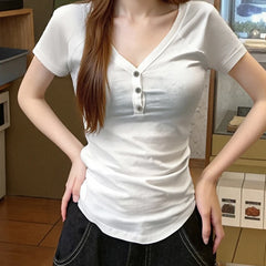 Hnewly Harajuku Striped Print Crop Top Summer Vintage 2000s Button-up V Neck Short Sleeve T-shirts for Women y2k Streetwear Tees