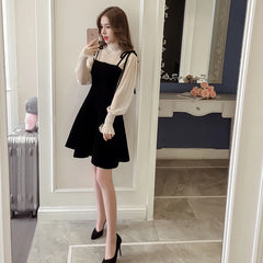 Hnewly Spring New Elegant Two Piece Dress for Women Women Winter Korean A-Line O-Neck Tops and Black Sundress Streetwear Dress Vestidos