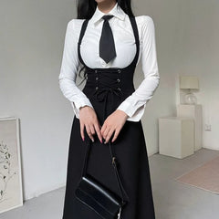 Hnewly cute professional outfits Simple Lapel Neck Long Sleeve White Shirts Women+ Sexy Slim Waist Lace Up Strap Dress Early Autum New Two Piece Sets