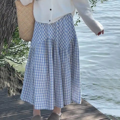 Hnewly Korean Checkered A Line Skirt Women High Waisted Patchwork Tiered Skirt Woman All Match Loose Pleated Midi Skirts Feamle