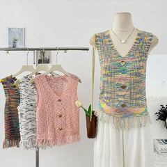 Hnewly Retro Colored Striped Camisole Vest Women's 2025 New Summer New Sleeveless O-neck Knitted Shirt Elegant Hollow Out Short Top