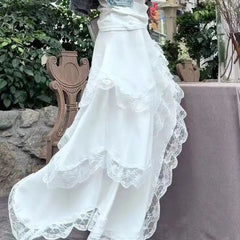 Hnewly Ruffle Lace Irregular Skirt Women Elegant Boho White A-line Skirts Aesthetics Patchwork Korean Style Vintage Y2K Skirt