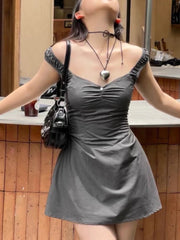 Hnewly Harajuku Pleated Fairy A-Line Slip Dress Summer Women Vintage Patchwork Lace Dresses Y2k Aesthetic A-Line Mini Vestidos