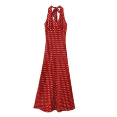 Hnewly Red Polka Dot Neck Sling Dress for Women's Summer Travel, Beautiful Seaside Vacation, Beach Long Skirt for Women