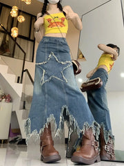 Hnewly American Vintage Washed Irregular Denim Skirts Y2k Mid-length Star Skirt for Women 2025 Summer Low-waist Falda Sexy Mujer