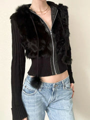 Hnewly trashy outfits Solid Autumn Winter New Hoodies Women Long Sleeve Furry ball Zip Up Hooded Knitted Patchwork Plush Sweats Causal