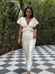 Hnewly Fashion Printed V-neck Slim Fit Maxi Vestido Women's Chic Floral Short Flare Sleeve High Waist Ruffle Dress 2025 Lady Party Wear