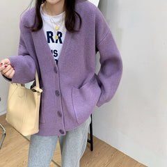 Hnewly Women Cardigan Sweater y2k Clothes Solid Color V Neck Single Breasted Long Sleeve Knitted Tops with Pockets Streetwear