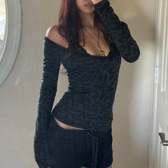 Hnewly Leopard Print Black T Shirt Women Lace Patchwork Full Sleeve Tee y2k Chic Off-shoulder Cropped Top Vintage 2000s Clothing
