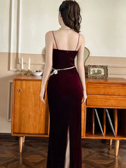 Hnewly prom dresses 2025 Elegant Annual Meeting Long Dress Women French Wine Red Black Velvet Strap Backless Slit Maxi Robe Femme Bottom Party Vestidos