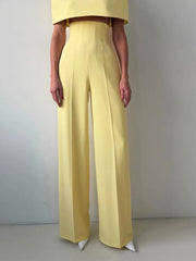 Hnewly Solid Yellow Pant 2 Pieces Set Women's Stand Collar Cloak Tops Lapel Blazer High-waist Long Pants New Ladies Office Outfit
