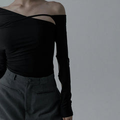 Hnewly Sexy Oblique-neck Long Sleeve T Shirt Y2K Spring Women Hollow Out Off Shoulder Bodycon Crop Top Casual Streetwear Tees