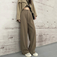 Hnewly Korean Fashion High Waist Suit Pants Women Autumn Office Wide Leg Straight Trousers Ladies Chic Solid Color Pocket Pants