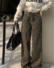 Hnewly Vintage Leopard Print Pantalon Femme Wide Leg Pants Women High Waist Straight Y2k Jeans Casual Fashion Korean Jean Trousers