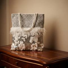 Hnewly Luxury White Tweed Open Tote Bag Ostrich Feather Trim Large Sequin Patchwork Handbag Wedding Bridal Gift Party