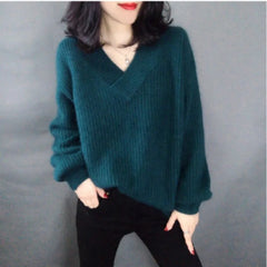 Hnewly Fuzzy Knit V-neck Sweater Women Cozy Long Sleeve Plain Jumper Pullovers Women Warm Soft Knitwear Autumn Winter Basic Outfit