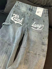 Hnewly Letter Printing Women Wide Leg Jeans Y2K High Waist Streetwear Baggy Denim Trousers Bf American Hip Hop Grunge Jeans New