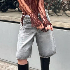 Hnewly Y2k Bermuda Denim Shorts Low Waist Loose Fit Baggy Jorts with Pockets Summer Vintage Wide Leg Jeans Cyber Grunge Streetwear