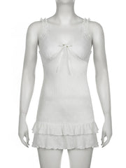 Hnewly Sweet Cute Patchwork Lace Ruffles A-Line Dress Holiday Sexy Slim V-Neck Sleeveless Mini Dresses For Women Summer