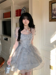 Hnewly Summer Fashion Dresses 2024 French Elegant Dresses For Women Princess Puff Sleeve Bowknot Dresses Mesh Fantastic Fairy Dress