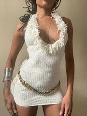 Hnewly Crochet Halter Dress Women Low-Neck Bandage Backless Stretch Tassel Skinny Sleeveless Street Elegant Mini Bodycon