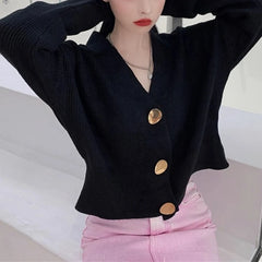 Hnewly Metallic Gold Button Cardigan Women Rib Knit Long Sleeve V-neck Button-up Crop Jacket Korean Fashion Fall Winter Outfit