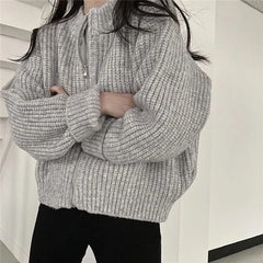 Hnewly Women's Zip Up Sweater Cardigan Chunky Knit Stand Collar Zipper Front Plain Sweater Jacket Ladies Korean Chic Fall Winter Outfit