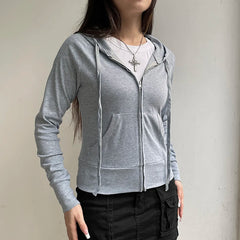 Hnewly Casual Hoodies Gray Women'S Sweatshirts Harajuku Y2K Long Sleeves Female Hooded Pocket Slim Fit Coat Autumn Korean New