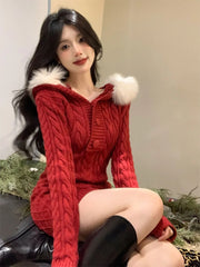 Hnewly Winter Knitted Sweater Dress Hooded Women Slim Bodycon Y2k Mini Dress Faux Fur Female One Piece Dress Korean Elegant