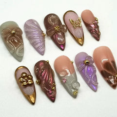 Hnewly 10Pcs Handmade Manicure Medium Almond Fake Nails New Cute Ballet Limited Nails Press On Nails Design with Adhesive Nail File Set