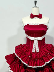 Hnewly Summer New Red Satin Strapless Lolita Dress Women Lace Trim Tiered Ruffle Bow Party Mini Ball Gown Cosplay Costume