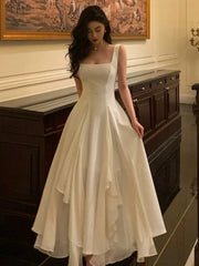 Hnewly Elegant Women White Spaghetti Strap Midi Dress French Ruffles Slim Waist A-line Pleated Vestidos Vintage Evening Party Robe