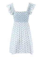 Lunivop Sexy White Blue Flower Print Ruffle Strap Mini Dress V neck Ruched Elastic Chest Corset Sleeveless Short Tank Robe Holiday Woman