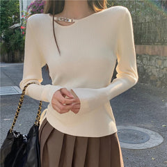 Hnewly y2k Aesthetic Tops Women Clothes Solid Color Metal Chain Decor Round Neck Long Sleeve Knitted T Shirts 2000s Streetwear