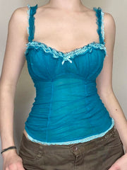 Hnewly Fashion Lace Spliced Dot Prints Skinny Women Camisole Tops Summer Sweet Y2k Backless Bow Blouses